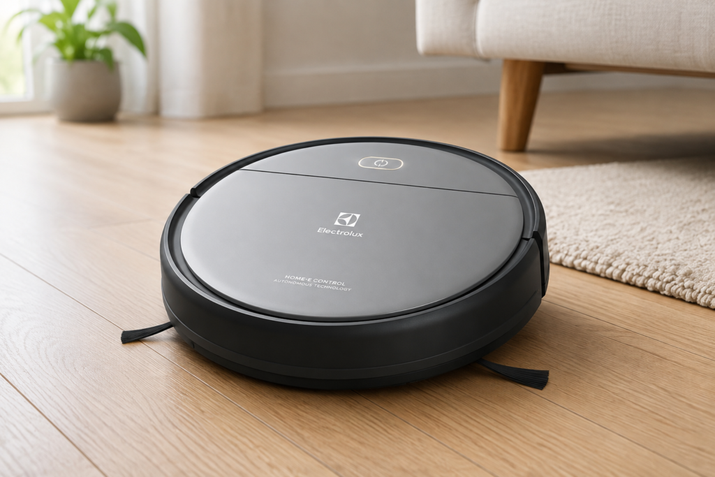Robô aspirador Electrolux ERB20 em ambiente residencial, modelo 3 em 1 que varre, aspira e passa pano seco