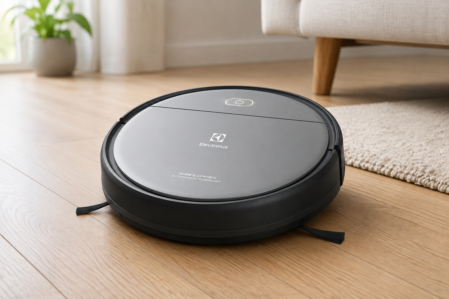 Robô aspirador Electrolux ERB20 em ambiente residencial, modelo 3 em 1 que varre, aspira e passa pano seco