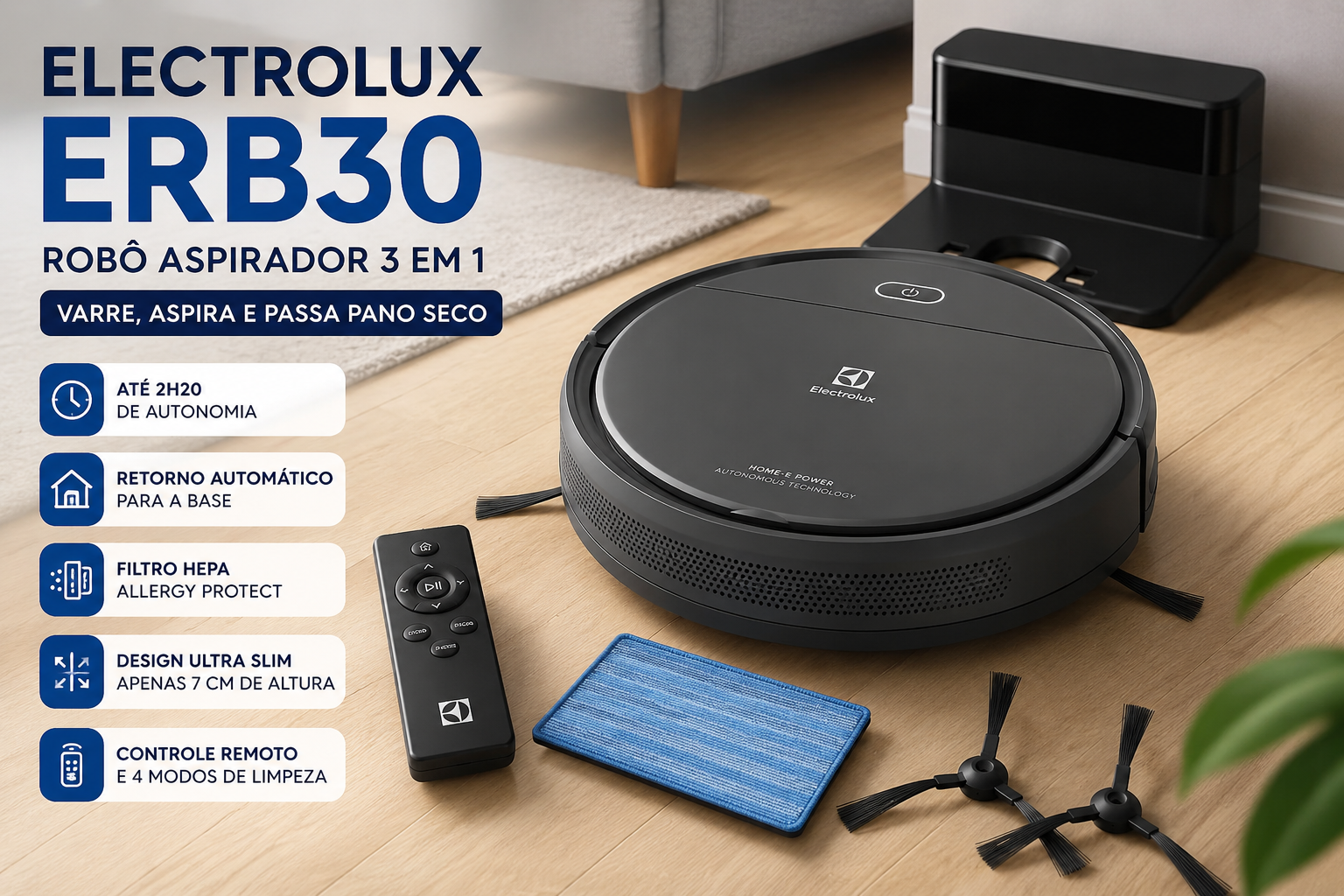 Robô aspirador Electrolux ERB30 3 em 1 com base carregadora e acessórios