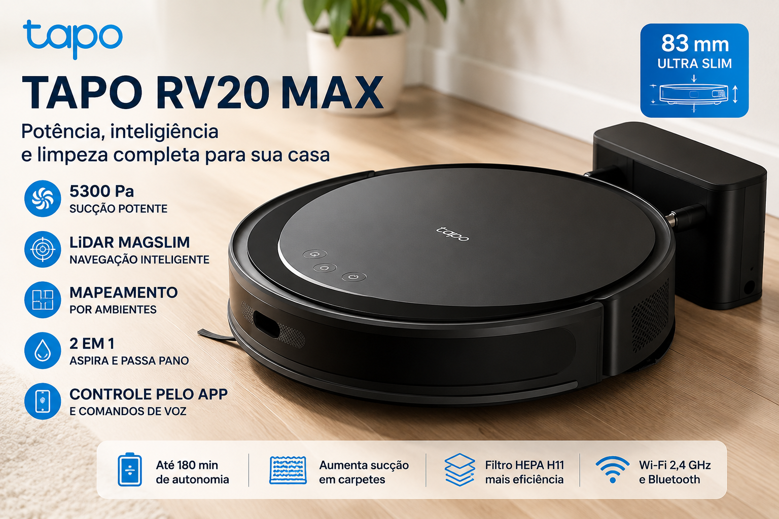 Tapo RV20 Max robô aspirador com navegação LiDAR, sucção de 5300 Pa e função passa pano