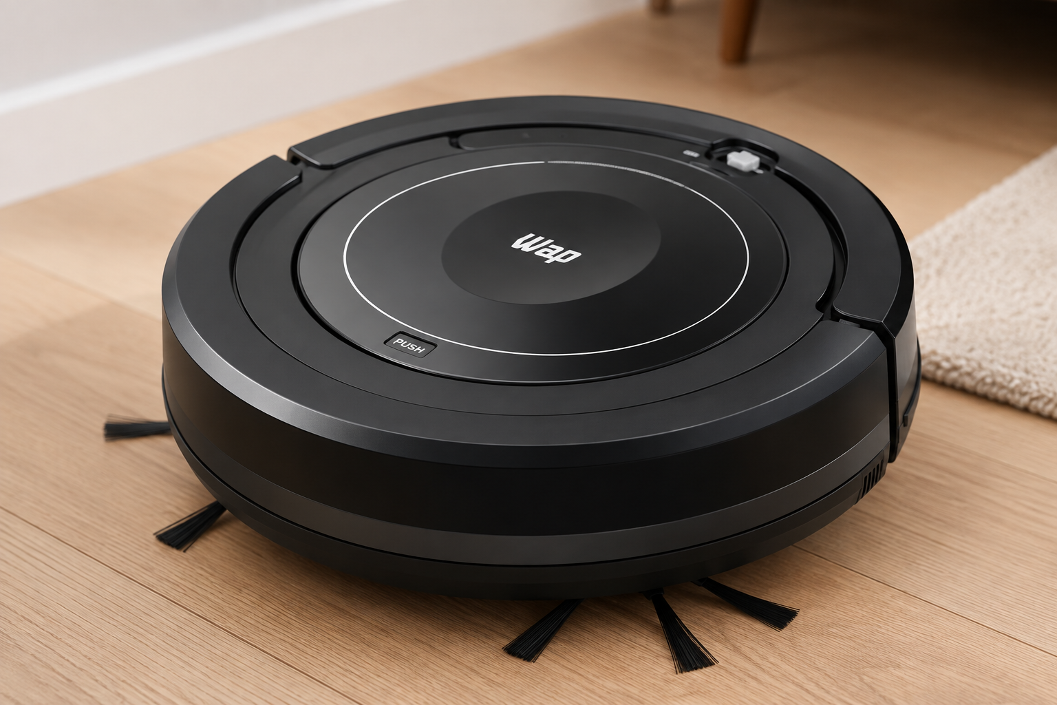 WAP ROBOT W100 robô aspirador preto sobre piso de madeira