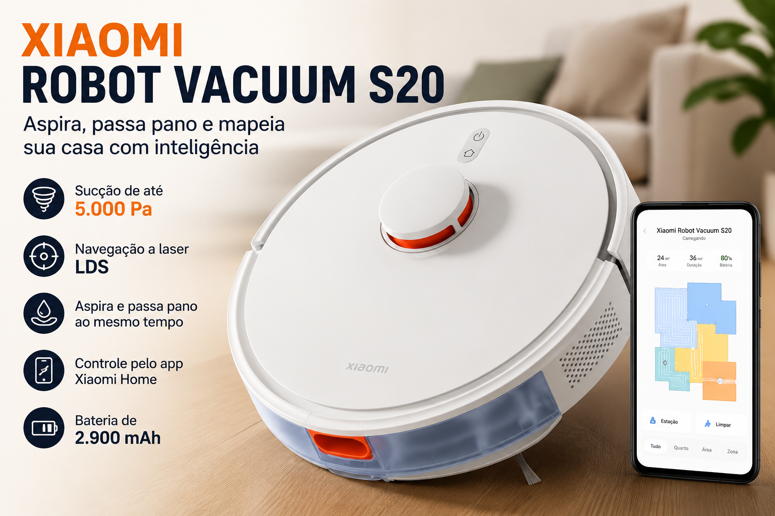 Xiaomi Robot Vacuum S20 branco com navegação a laser LDS, sucção de até 5.000 Pa e controle pelo aplicativo Xiaomi Home