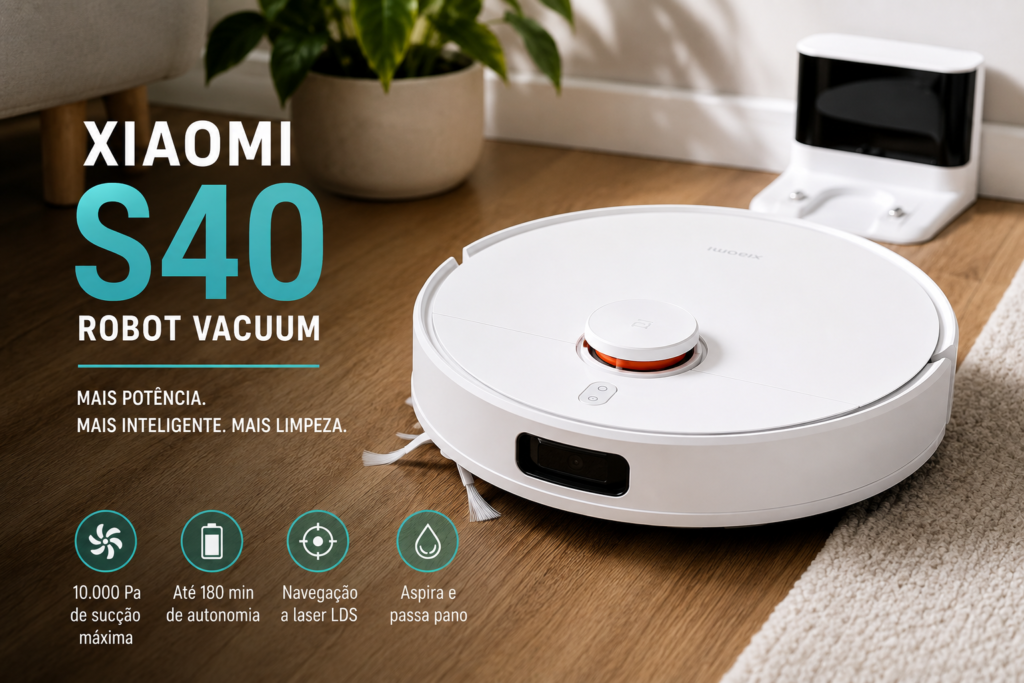 Xiaomi Robot Vacuum S40 branco com base de carregamento, potência de 10.000 Pa, navegação LDS e função de aspirar e passar pano.