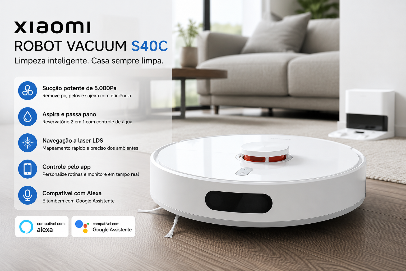 Xiaomi Robot Vacuum S40C branco em sala moderna, com sucção de 5.000 Pa, navegação LDS e controle por aplicativo