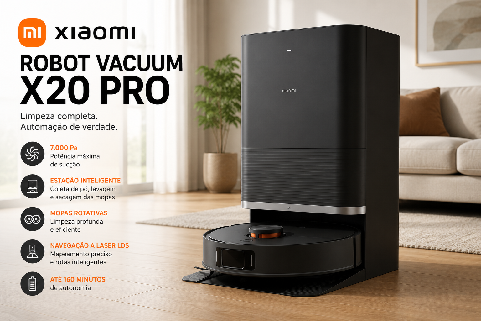 Xiaomi Robot Vacuum X20 Pro com estação automática de limpeza e sucção de 7.000 Pa