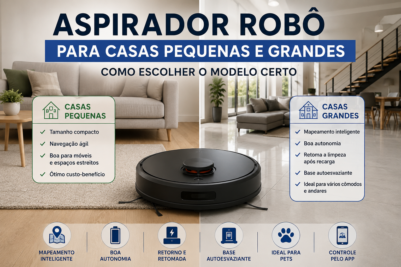 Aspirador robô em comparação entre casa pequena e casa grande, com recursos recomendados para cada ambiente