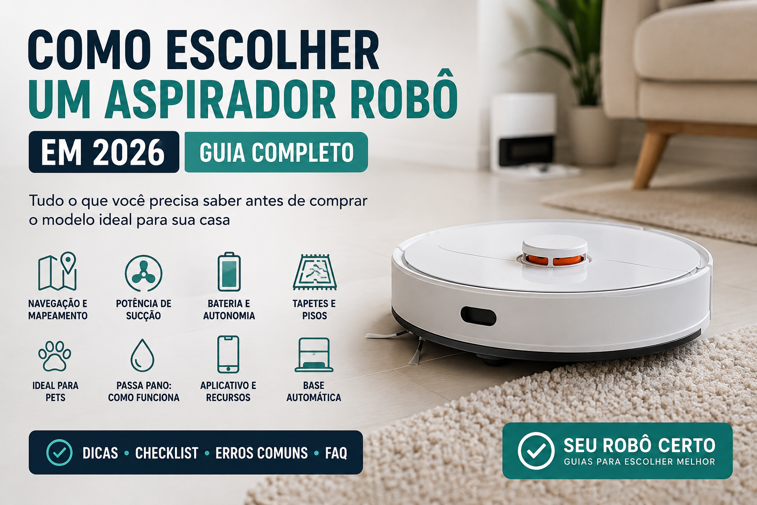 Guia de como escolher um aspirador robô em 2026 com informações sobre navegação, potência, bateria, tapetes, pets e base automática