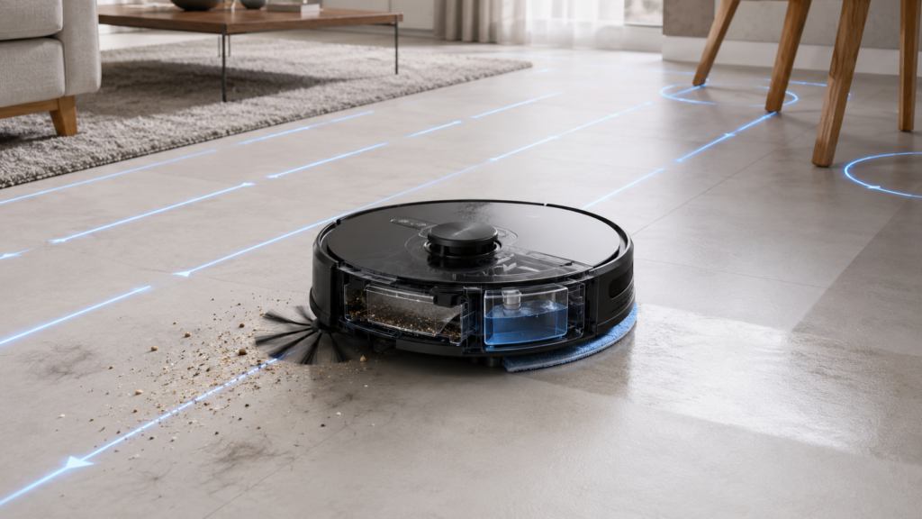 Aspirador robô aspirando resíduos e passando pano enquanto mapeia o ambiente