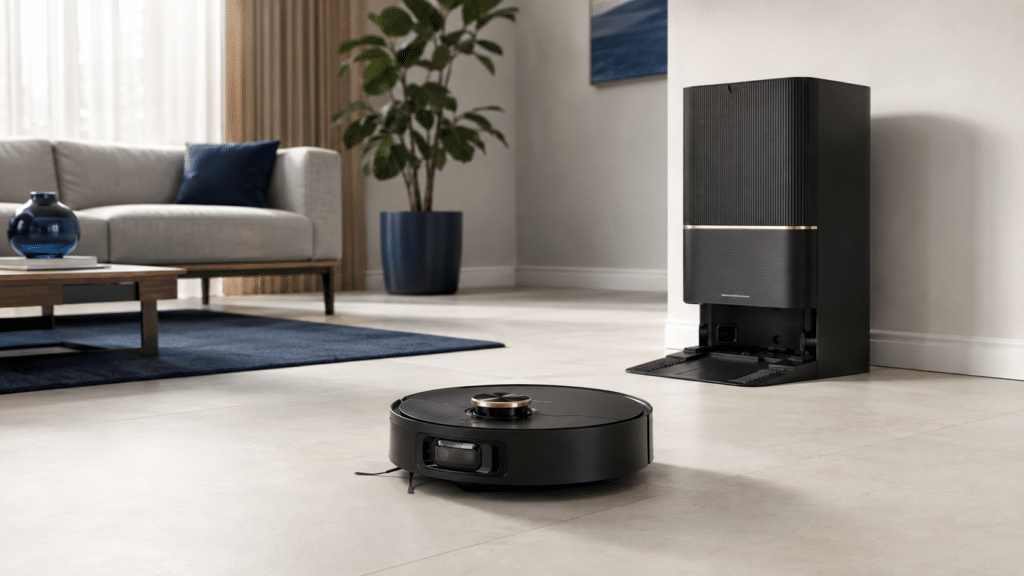 Robô aspirador Dreame X50 Ultra preto com estação multifuncional em uma sala de estar moderna.