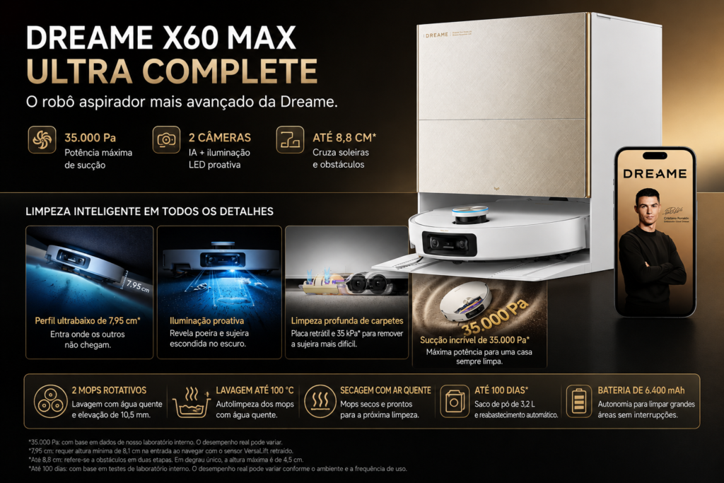 Dreame X60 Max Ultra Complete com base automática, 35.000 Pa de sucção e recursos avançados de limpeza inteligente.