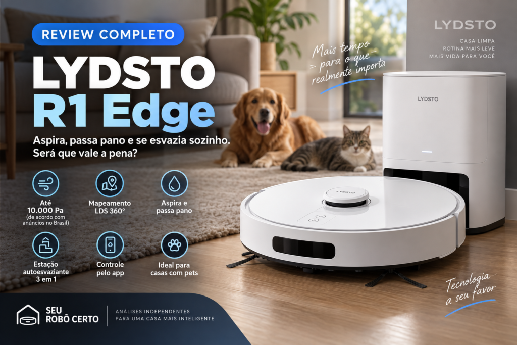 Robô aspirador LYDSTO R1 Edge com estação de autoesvaziamento, mapeamento LDS 360° e função passa pano.