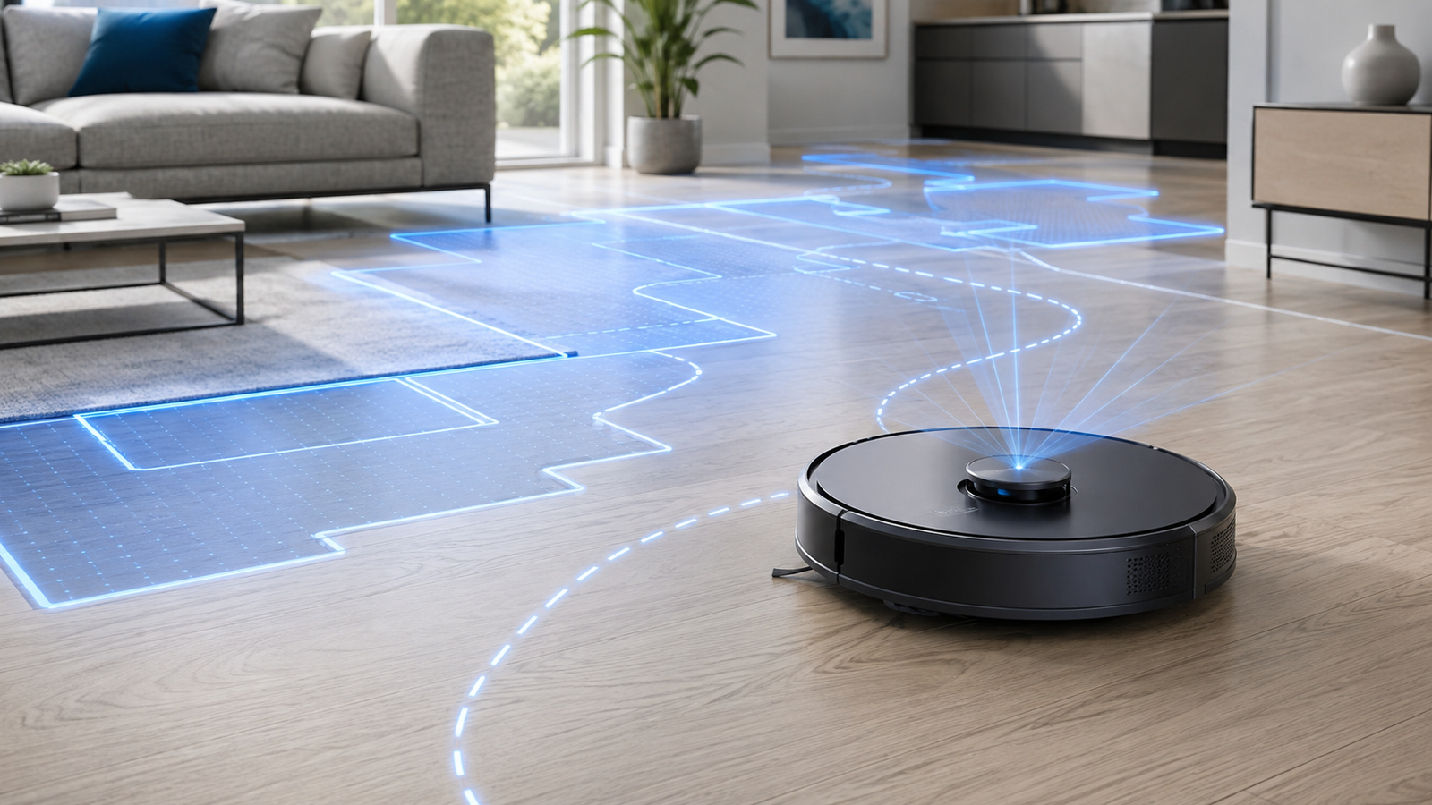 Aspirador robô usando navegação LiDAR para mapear os cômodos de uma residência