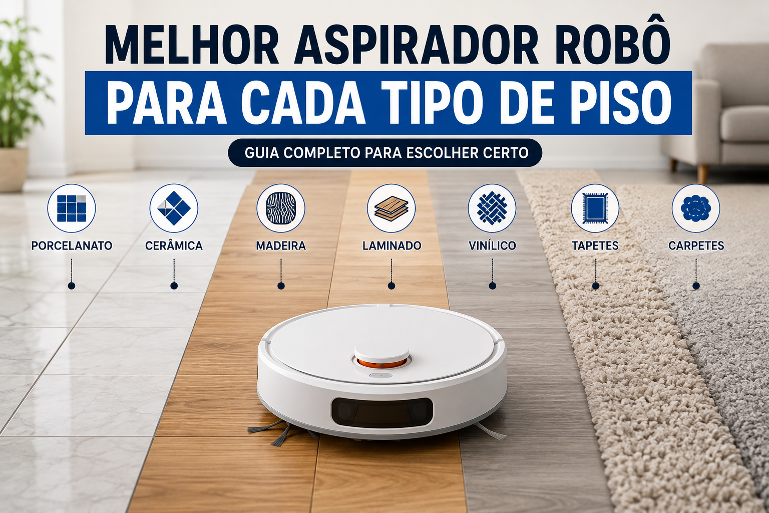 Aspirador robô em ambiente com porcelanato, cerâmica, madeira, laminado, vinílico, tapete e carpete.