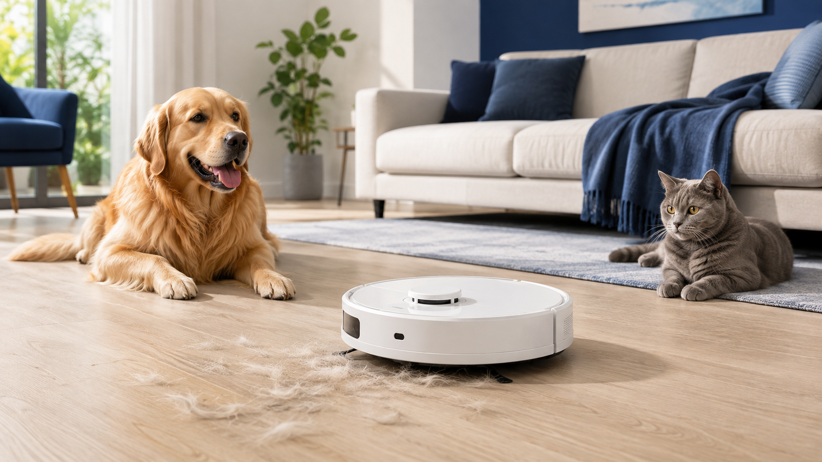 Robô aspirador branco recolhendo pelos no piso ao lado de um cachorro e um gato
