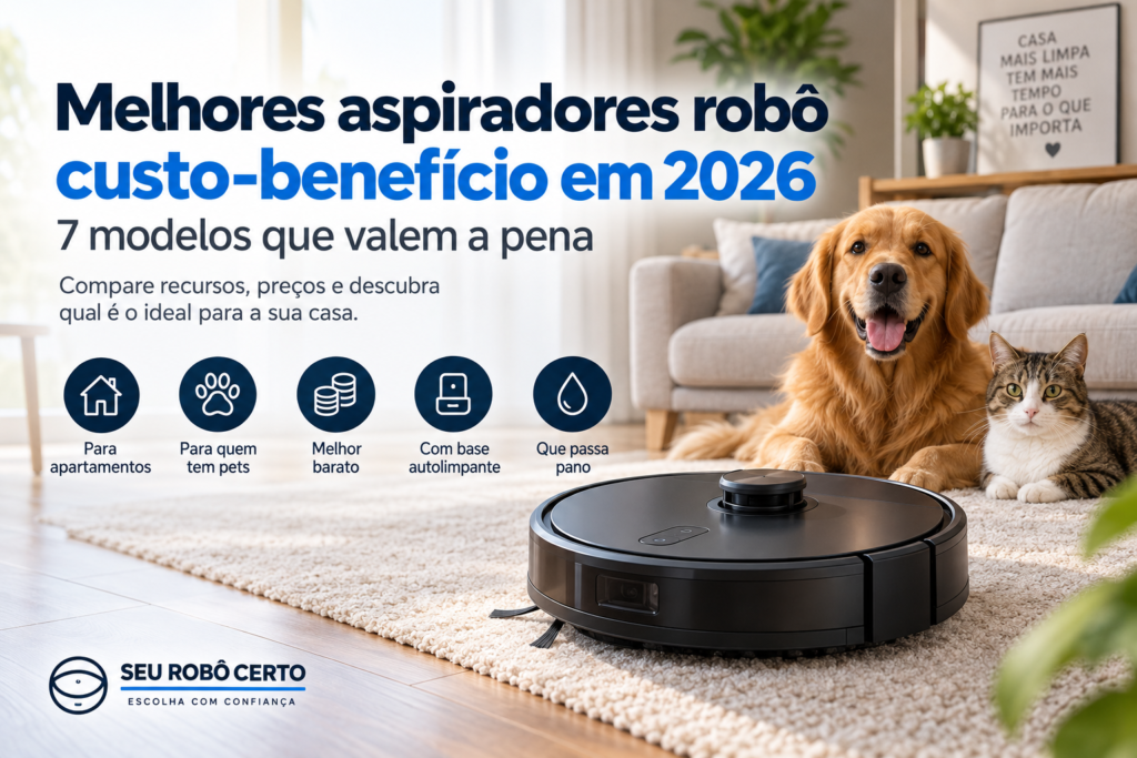 Aspirador robô em sala com pets, ilustrando guia dos melhores modelos custo-benefício em 2026.