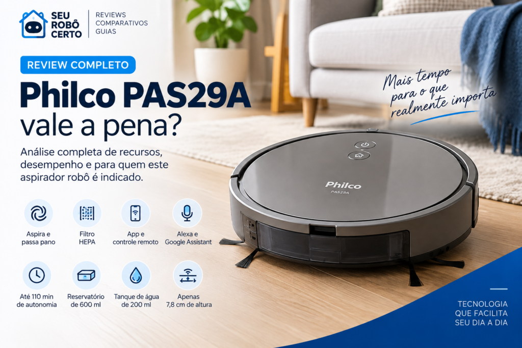 Aspirador robô Philco PAS29A em ambiente residencial com destaque para função MOP, filtro HEPA, aplicativo e autonomia de até 110 minutos.