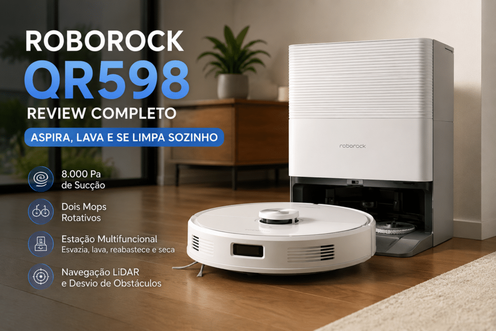 Roborock QR598 branco com estação multifuncional, sucção de 8.000 Pa, dois mops rotativos e navegação LiDAR.