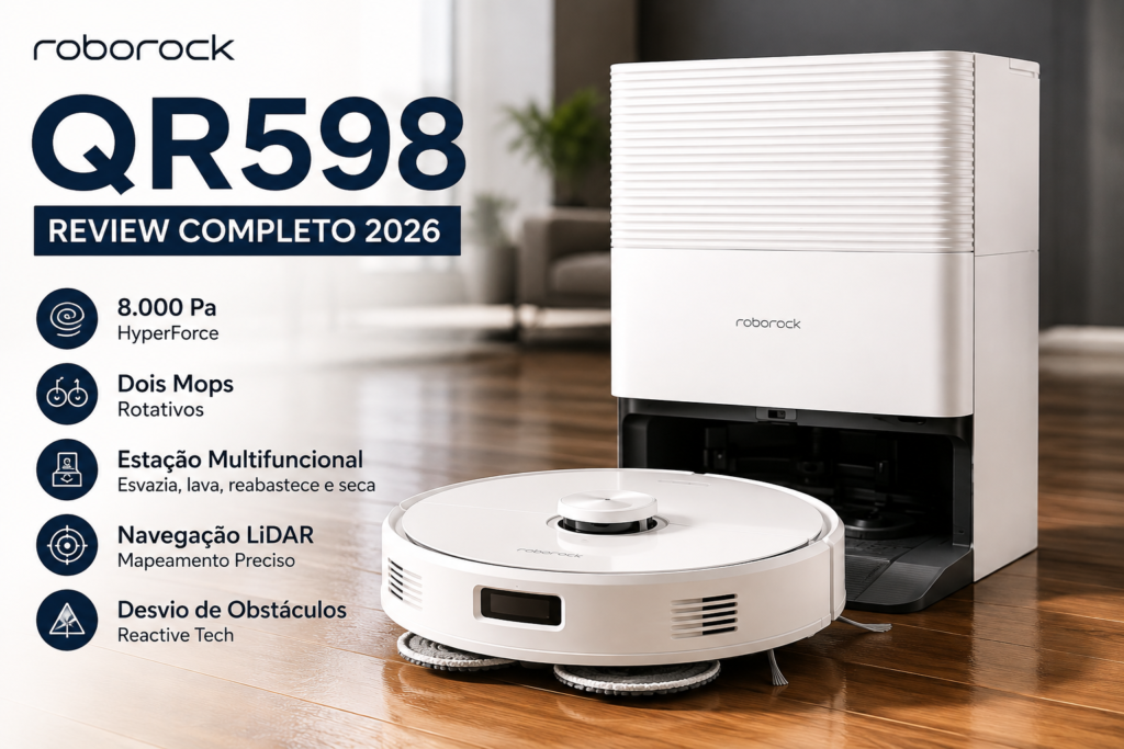 Roborock QR598 branco com estação multifuncional, 8.000 Pa, dois mops rotativos, navegação LiDAR e desvio de obstáculos.