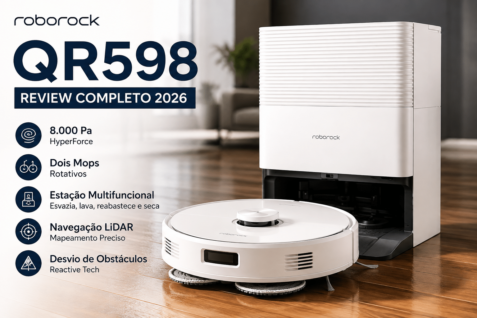 Roborock QR598 branco com estação multifuncional, 8.000 Pa, dois mops rotativos, navegação LiDAR e desvio de obstáculos.