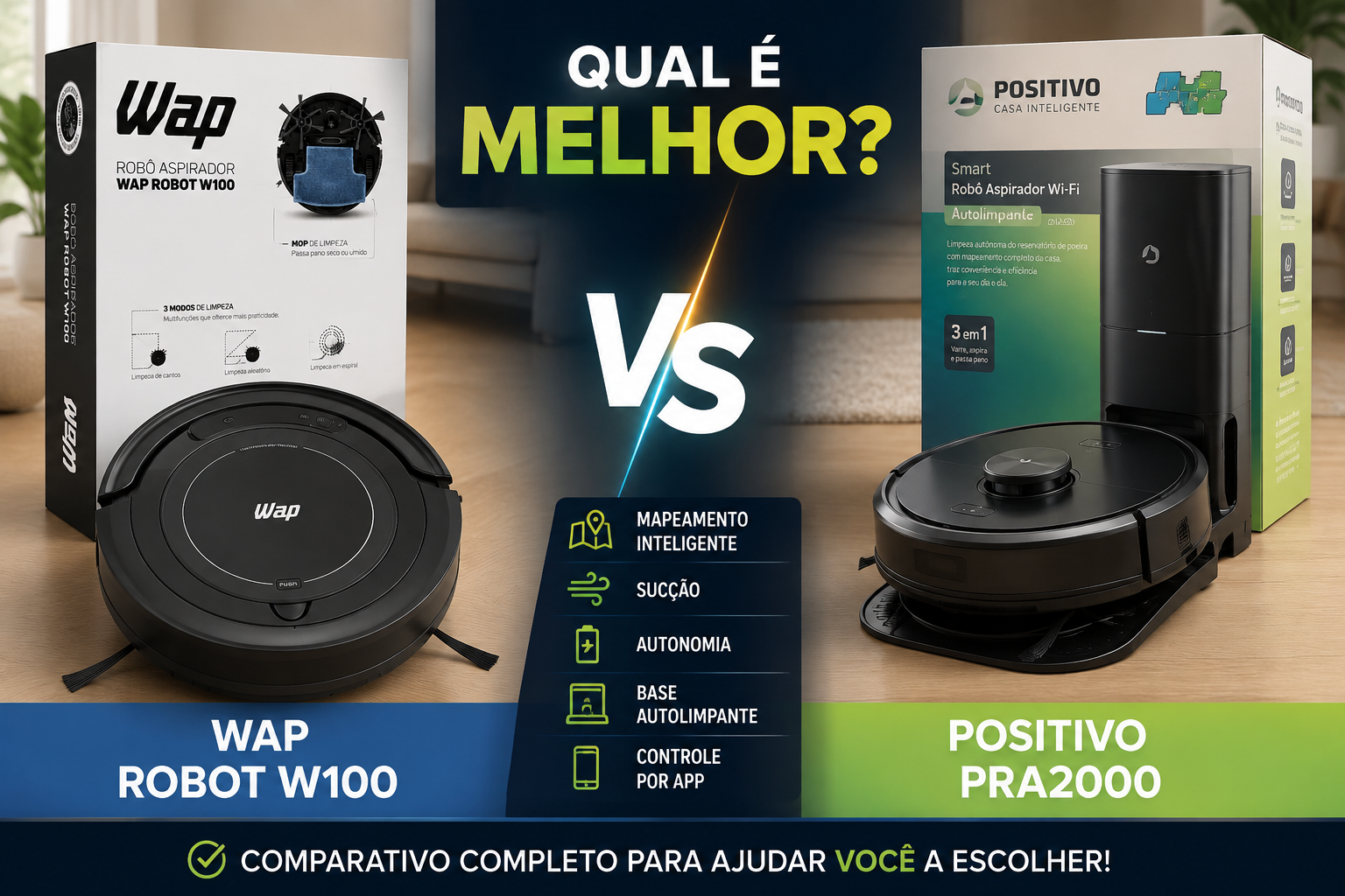 Comparativo WAP Robot W100 vs Positivo PRA2000 com os dois robôs aspiradores