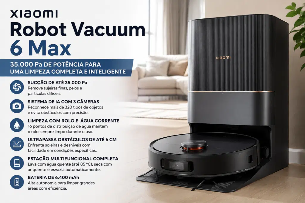 Xiaomi Robot Vacuum 6 Max com 35.000 Pa de sucção e estação multifuncional de limpeza automática