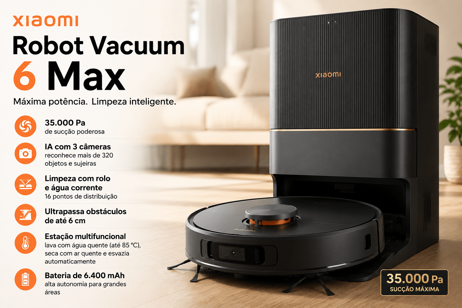 Xiaomi Robot Vacuum 6 Max com estação multifuncional, 35.000 Pa de sucção e sistema de limpeza inteligente