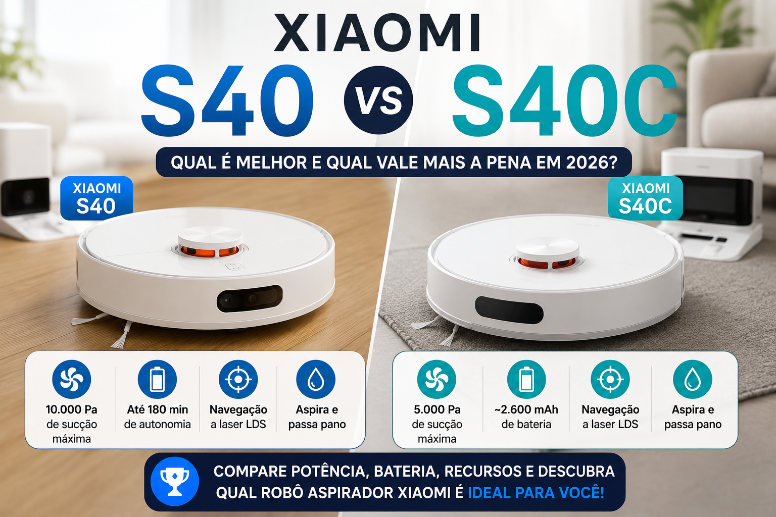Comparativo Xiaomi Robot Vacuum S40 vs S40C com diferenças de potência, bateria, navegação LDS e função de passar pano