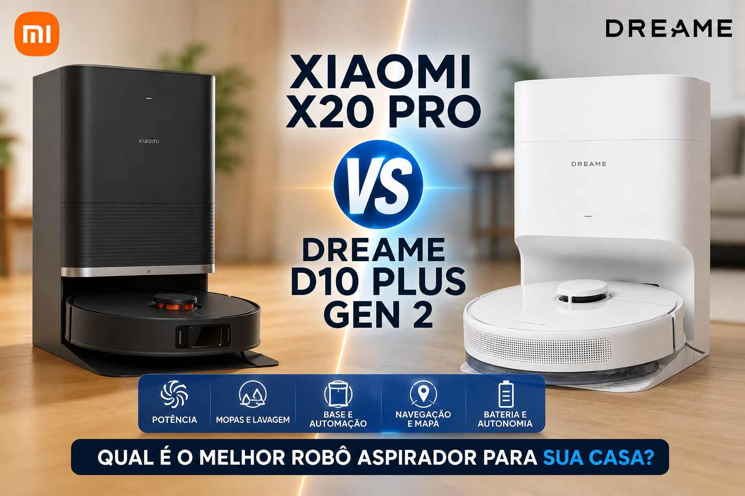 Comparativo Xiaomi X20 Pro vs Dreame D10 Plus Gen 2 com os dois robôs aspiradores e suas bases automáticas.