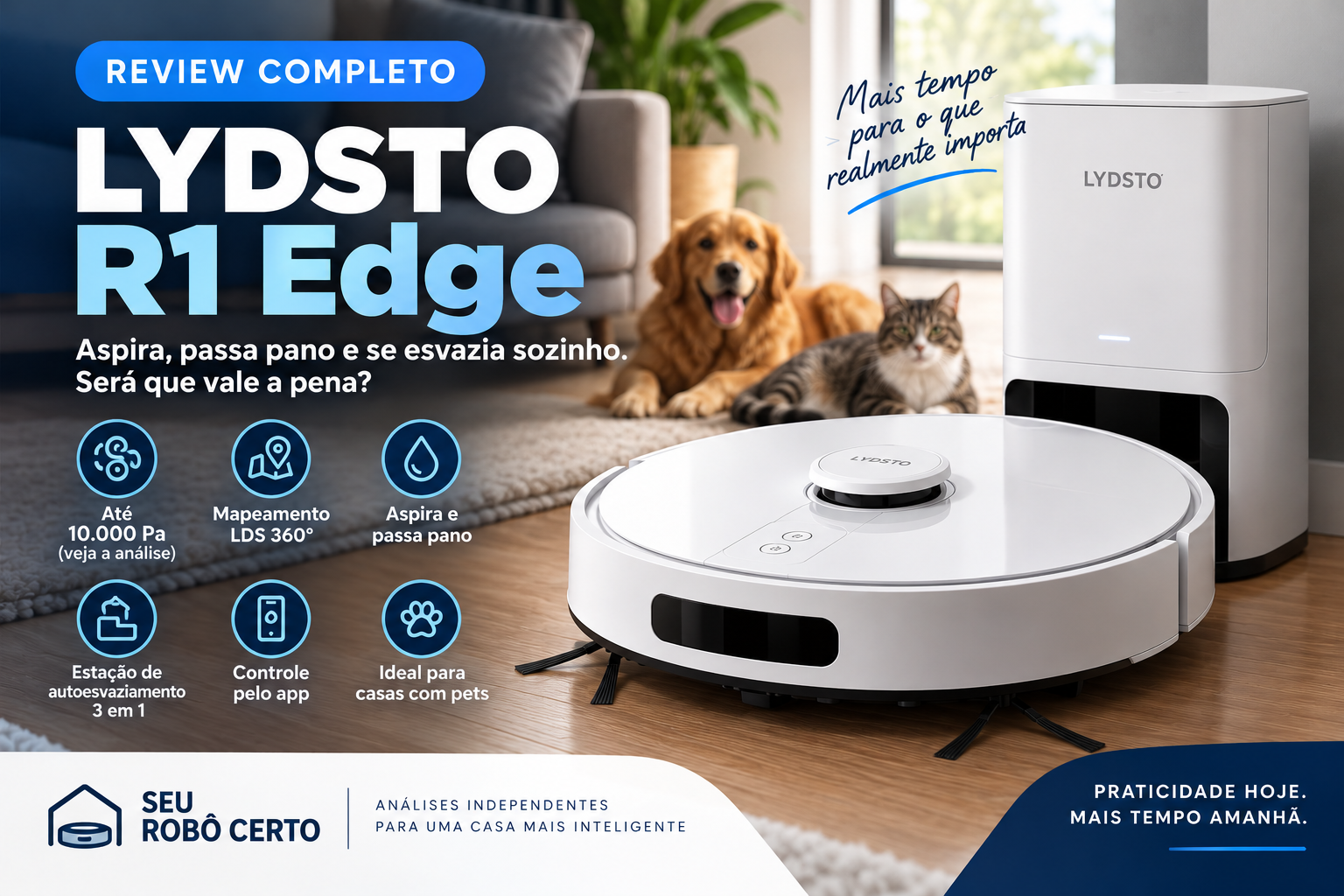 Robô aspirador LYDSTO R1 Edge com estação de autoesvaziamento, mapeamento LDS 360° e função passa pano.