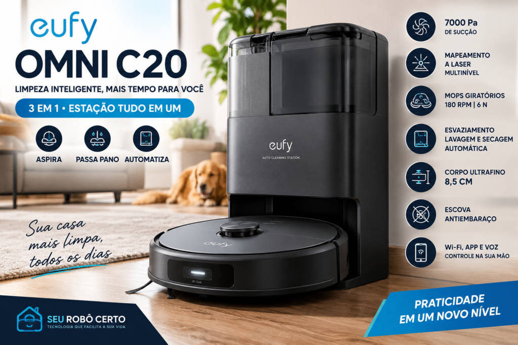 Robô aspirador eufy Omni C20 com estação Tudo em Um, sucção de 7000 Pa, mops giratórios e mapeamento a laser.
