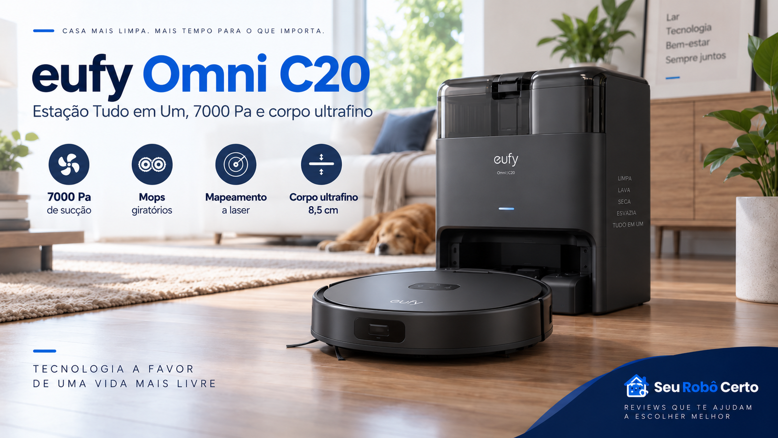 Robô aspirador eufy Omni C20 com estação automática, 7000 Pa de sucção, mops giratórios, mapeamento a laser e corpo ultrafino de 8,5 cm.