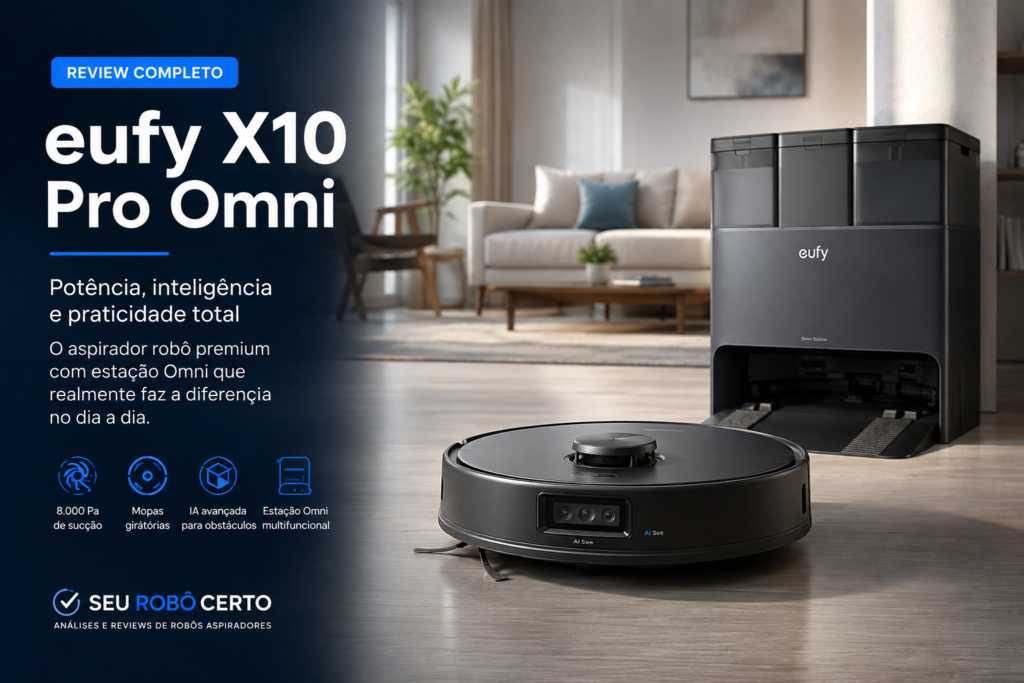 Robô aspirador eufy X10 Pro Omni com estação automática em sala moderna