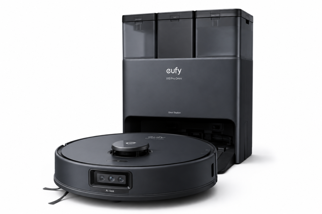Robô aspirador eufy X10 Pro Omni com estação Omni automática em fundo branco