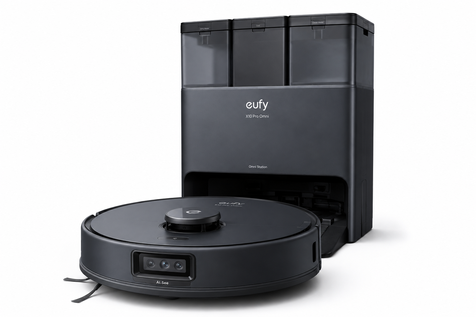 Robô aspirador eufy X10 Pro Omni com estação Omni automática em fundo branco